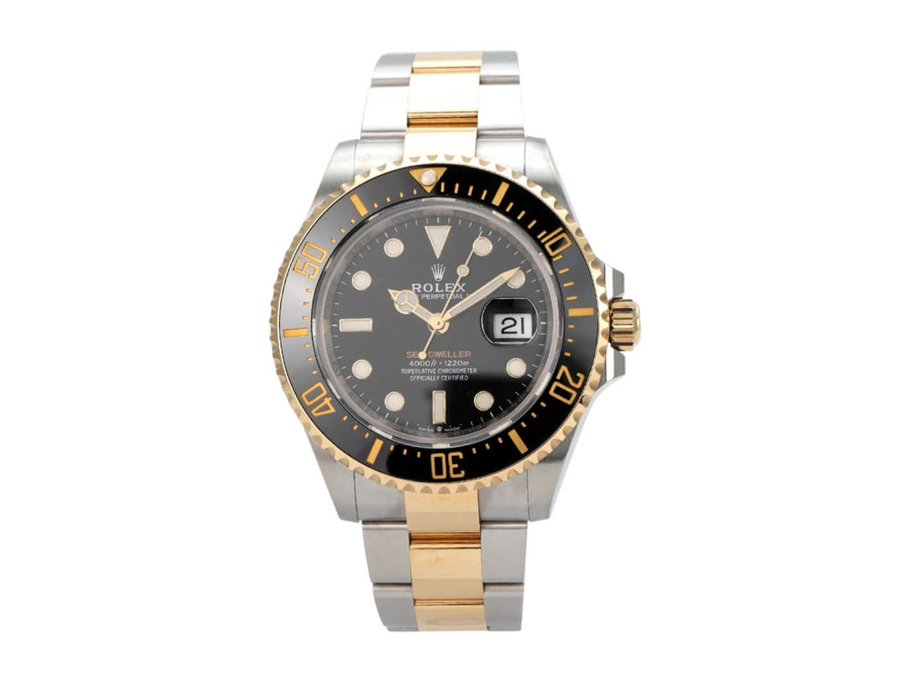 Rolex Sea-Dweller 4000 Ref. 126603 mit Edelstahl- und Gelbgold-Armband, schwarzem Zifferblatt und drehbarer Lünette.