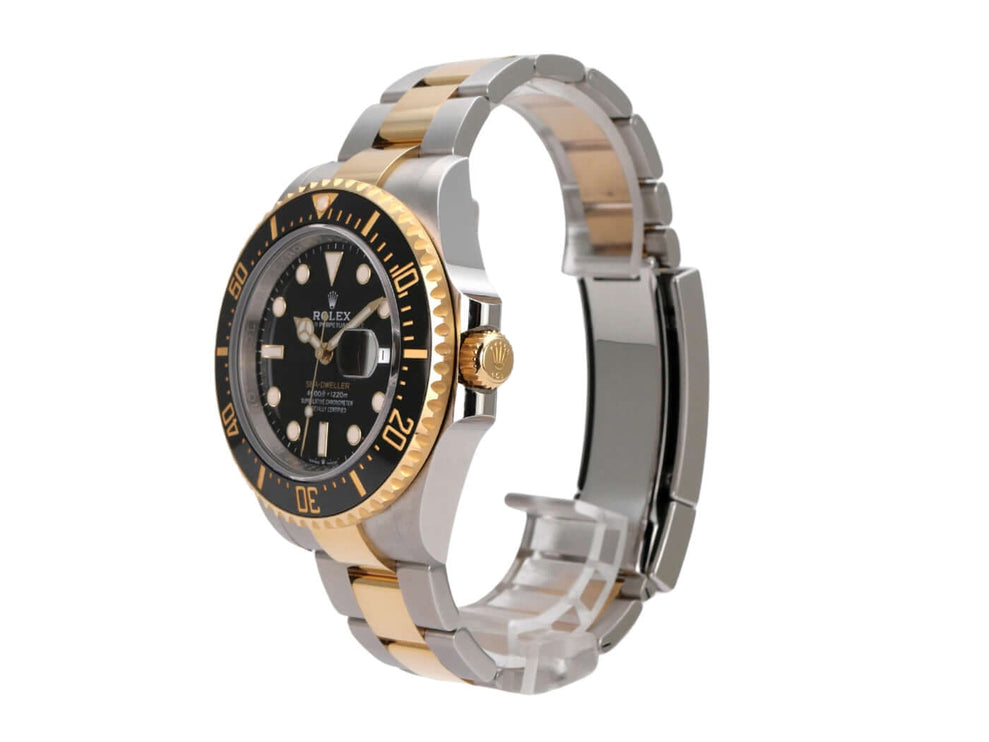 Rolex Sea-Dweller 4000 Ref. 126603, Edelstahl-Gelbgold-Uhr mit schwarzem Zifferblatt und Sicherheitsfaltschließe.