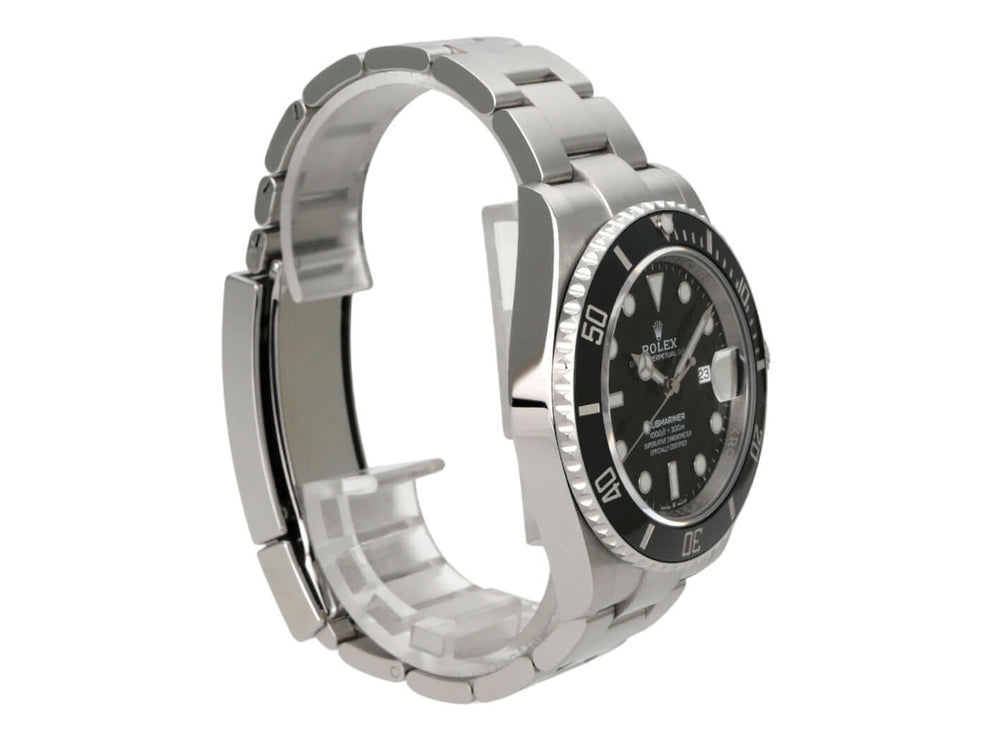 Rolex Submariner Date 126610LN seitlicher Blick auf Edelstahl-Gehäuse und schwarze Keramik-Lünette der Uhr