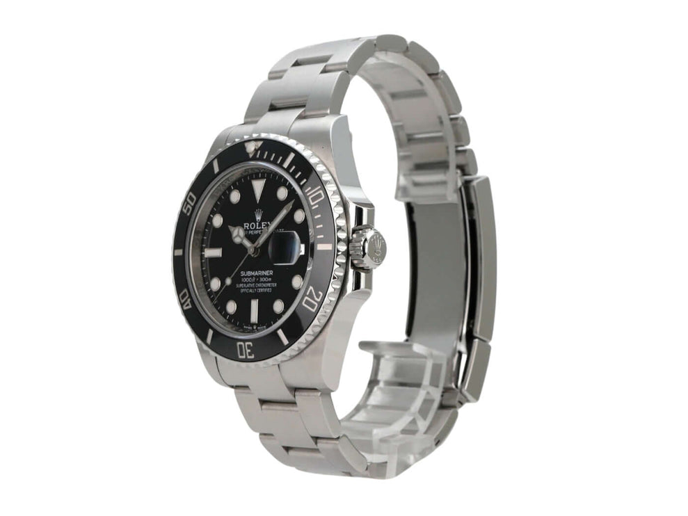 Rolex Submariner Date 126610LN, Edelstahlgehäuse, schwarzes Zifferblatt, drehbare Lünette mit Keramikeinlage.