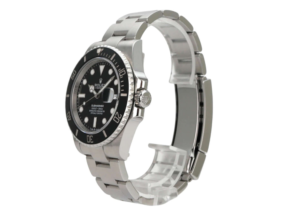 Rolex Submariner Date 126610LN in Edelstahl, mit schwarzem Zifferblatt und drehbarer Lünette.