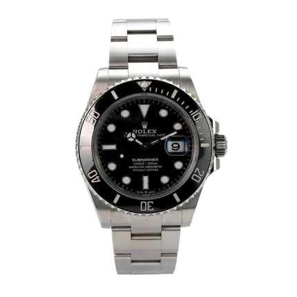 Rolex Submariner Date 126610LN mit schwarzem Zifferblatt und Edelstahlarmband, Gehäusedurchmesser 41 mm, drehbare Lünette.