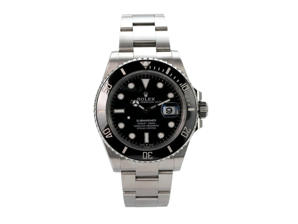 Rolex Submariner Date 126610LN mit schwarzem Zifferblatt und Edelstahlarmband, Gehäusedurchmesser 41 mm, drehbare Lünette.