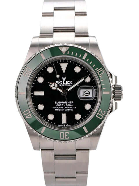 Rolex Submariner Date Edelstahl 126610LV mit schwarzem Zifferblatt und grüner Keramiklünette, 41 mm Durchmesser.