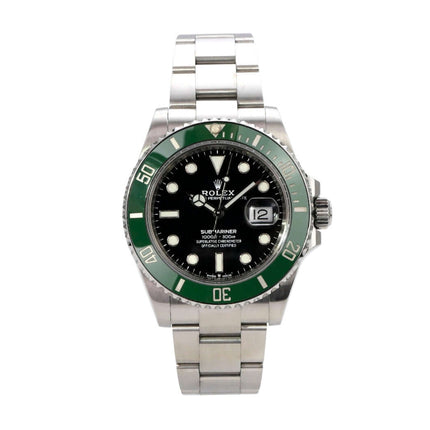 Rolex Submariner Date Edelstahl 126610LV mit grünem Keramikeinsatz und schwarzem Zifferblatt.