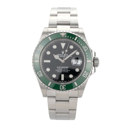 Rolex Submariner Date Edelstahl 126610LV mit grünem Keramikeinsatz und schwarzem Zifferblatt, 41 mm Gehäusedurchmesser.
