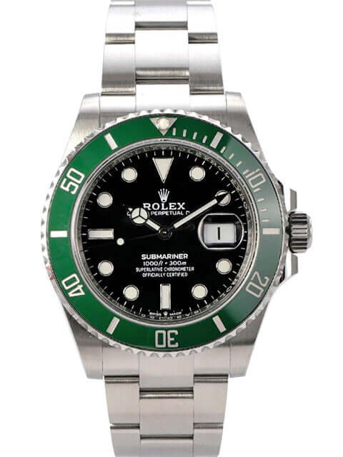 Rolex Submariner Date Edelstahl 126610LV mit grünem Keramikeinsatz und schwarzem Zifferblatt.