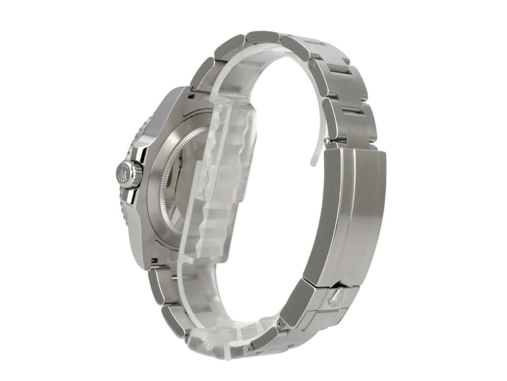 Rolex Submariner Date Edelstahl 126610LV, sichtbare Seite mit Oyster-Edelstahlarmband und Gehäuse.