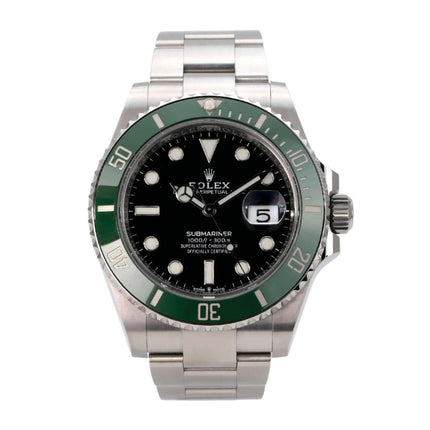 Rolex Submariner Date Edelstahl 126610LV mit grünem Keramik Einsatz und schwarzem Zifferblatt.