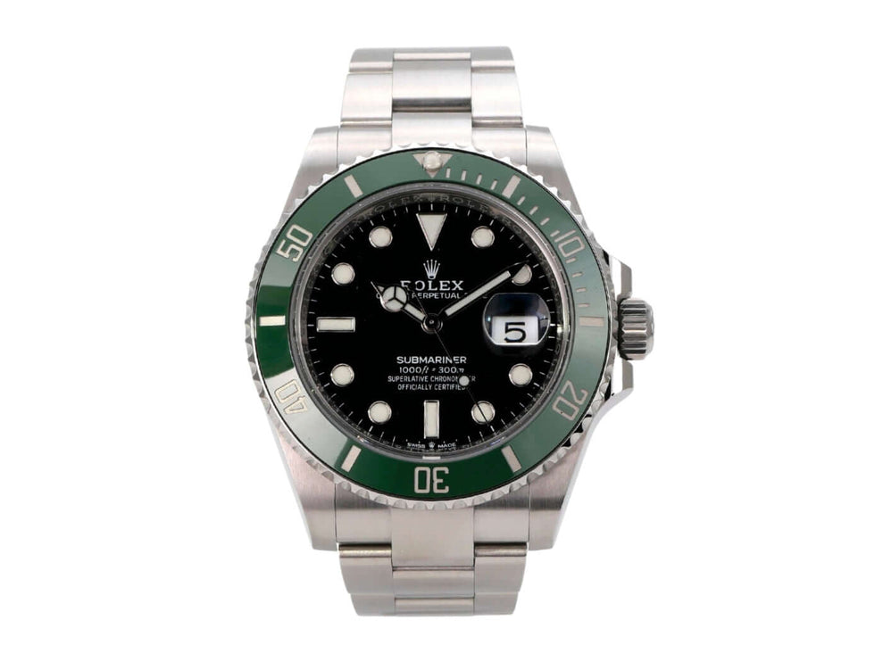 Rolex Submariner Date Edelstahl 126610LV mit grünem Keramik Einsatz und schwarzem Zifferblatt.