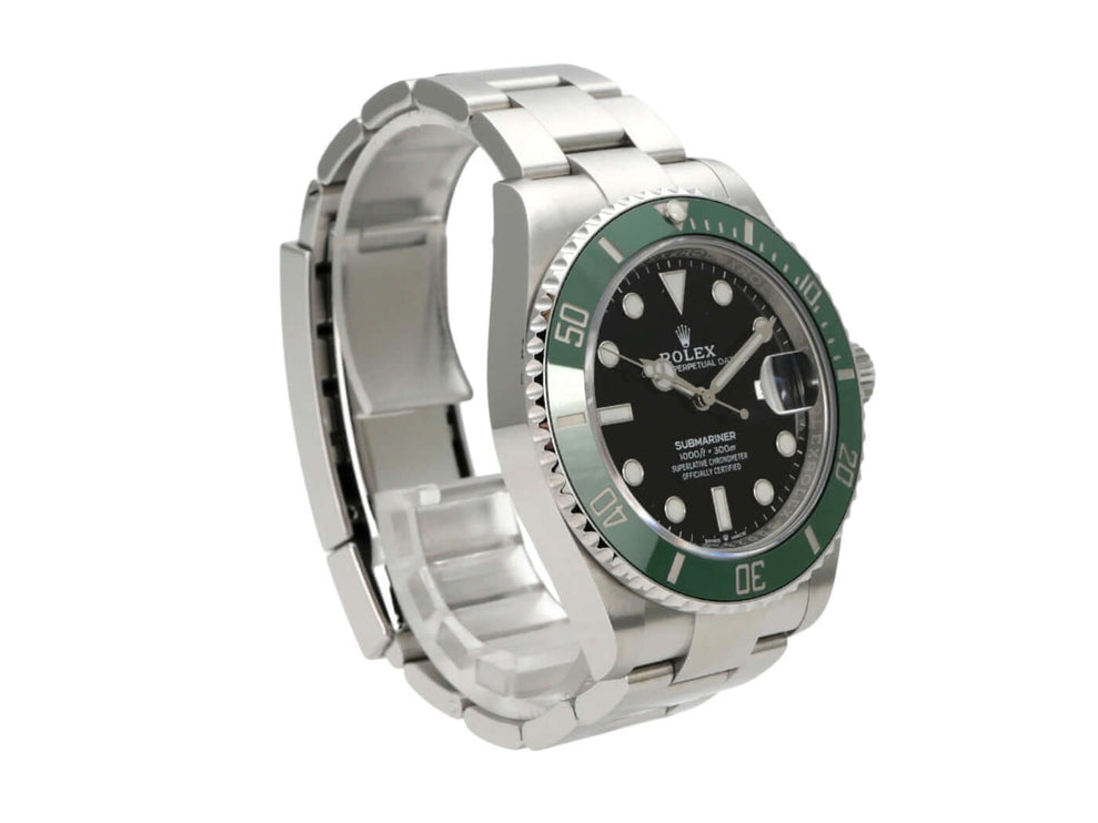 Rolex Submariner Date Edelstahl 126610LV mit schwarzem Zifferblatt und grüner Lünette.