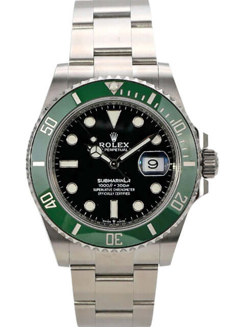 Rolex Submariner Date 126610LV, Edelstahl, grünes Keramik Lünette, schwarzes Zifferblatt, 41 mm Gehäuse, 2022 Modell.