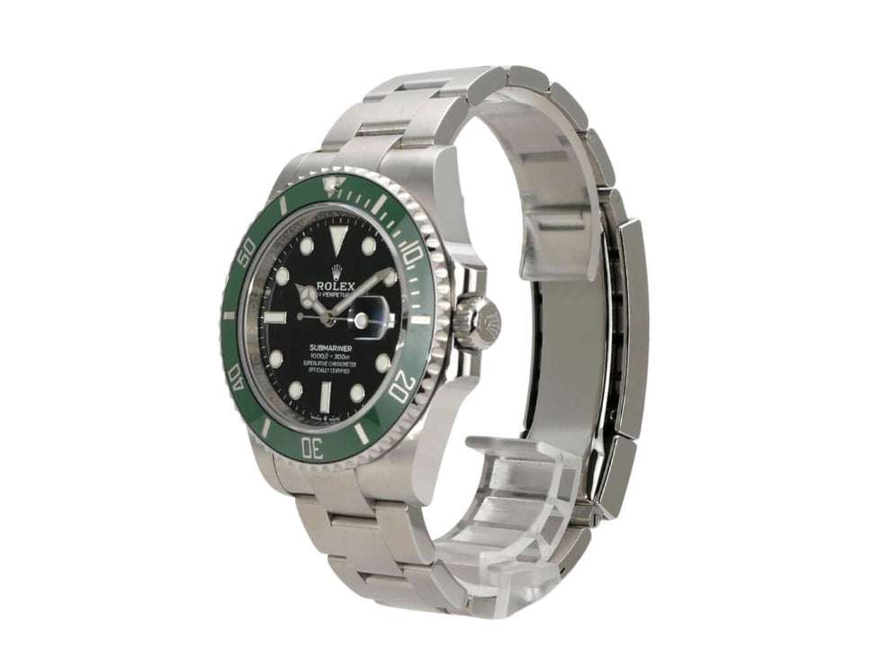 Rolex Submariner Date 126610LV mit schwarzem Zifferblatt und grüner Lünette aus Edelstahl, 41 mm Gehäuse.