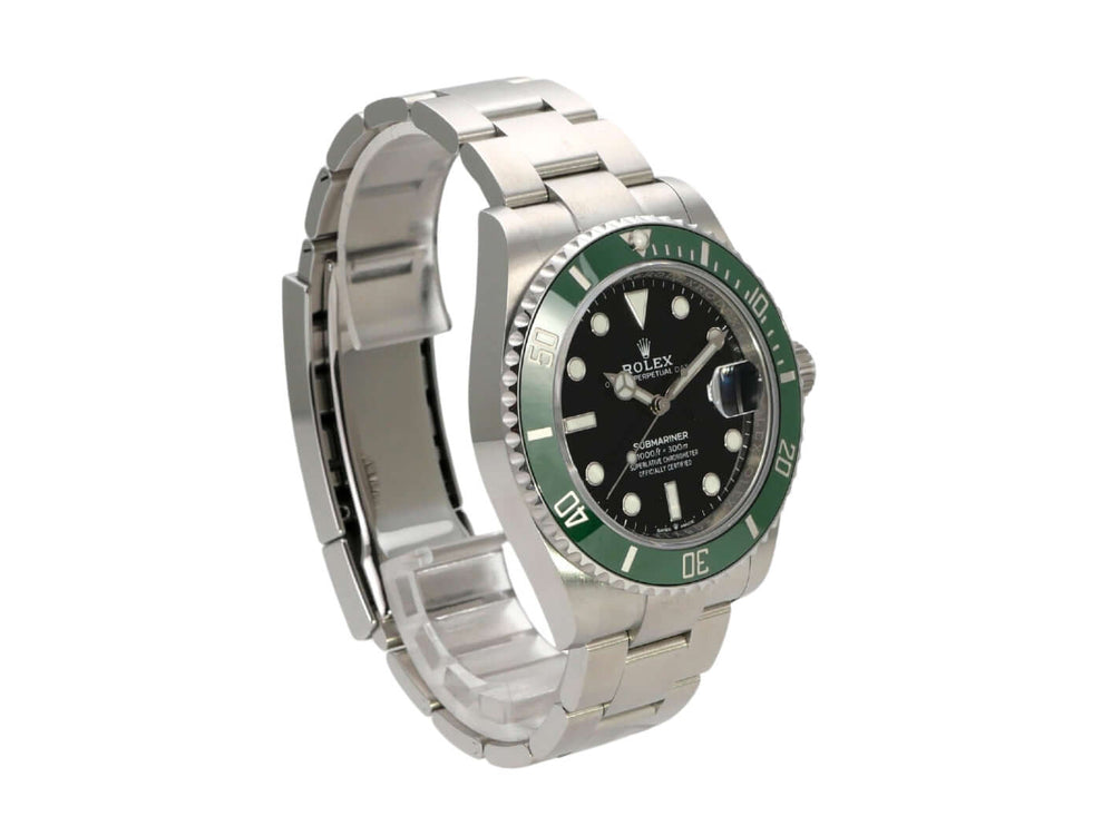 Rolex Submariner Date 126610LV in Edelstahl mit grünem Keramiklünette und schwarzem Zifferblatt, 41 mm Durchmesser.