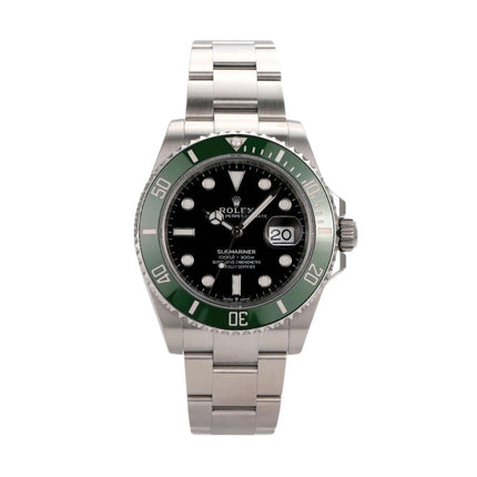 Rolex Submariner Date 126610LV mit grünem Keramikring, schwarzem Zifferblatt und Edelstahlarmband.