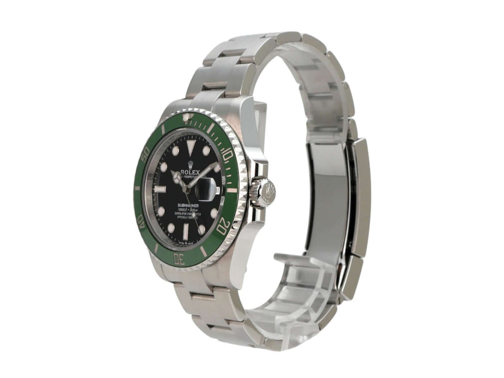 Draufsicht auf die Rolex Submariner Date 126610LV mit grünem Keramiklünette und schwarzem Zifferblatt.