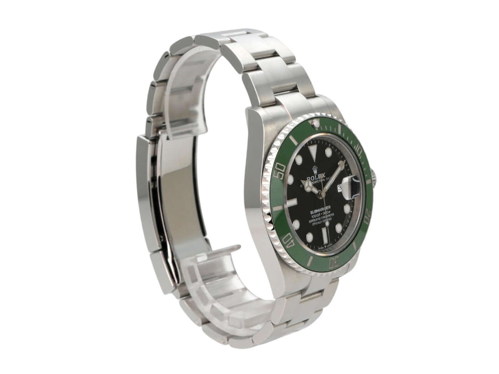 Detailansicht der Sicherheitsfaltschließe des Armbands der Rolex Submariner Date 126610LV.
