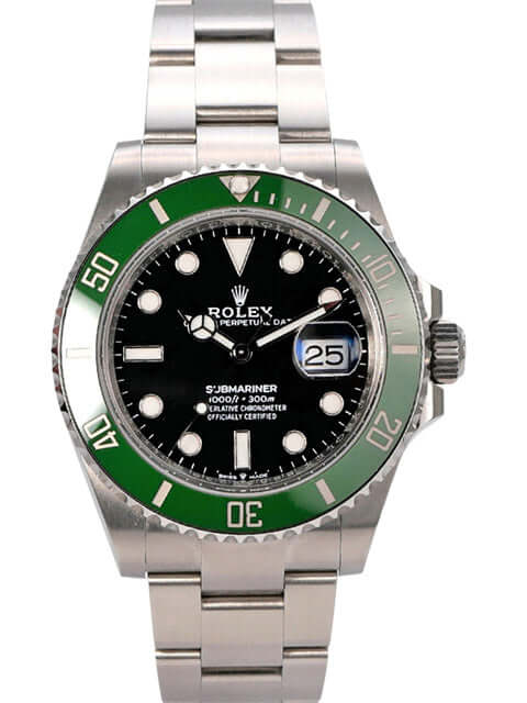 Rolex Submariner Date Edelstahl Ref. 126610LV mit schwarzem Zifferblatt und grüner Keramikeinlage.