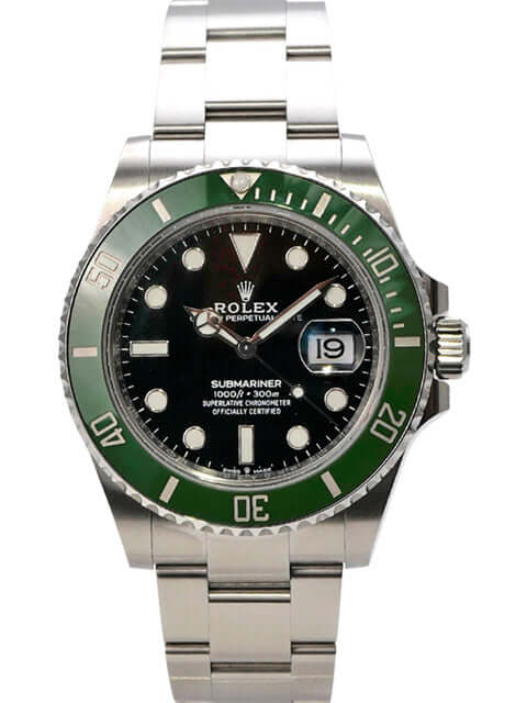 Rolex Submariner Date Edelstahl Ref. 126610LV mit grünem Keramikring und schwarzem Zifferblatt, poliertes Armband.