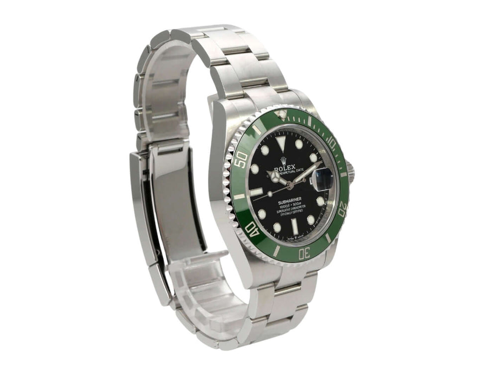 Rolex Submariner Date Edelstahl Ref. 126610LV mit grünem Keramikeinsatz und schwarzem Zifferblatt.