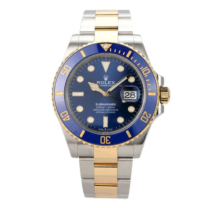 Rolex Submariner Date 41 Edelstahl Gelbgold 126613LB mit blauem Zifferblatt und drehbarer Lünette.