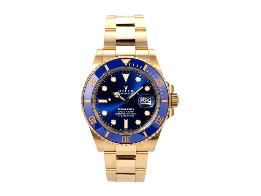 Rolex Submariner Date 41 Gelbgold 126618LB mit blauem Zifferblatt und 18 Karat Gelbgold Armband.