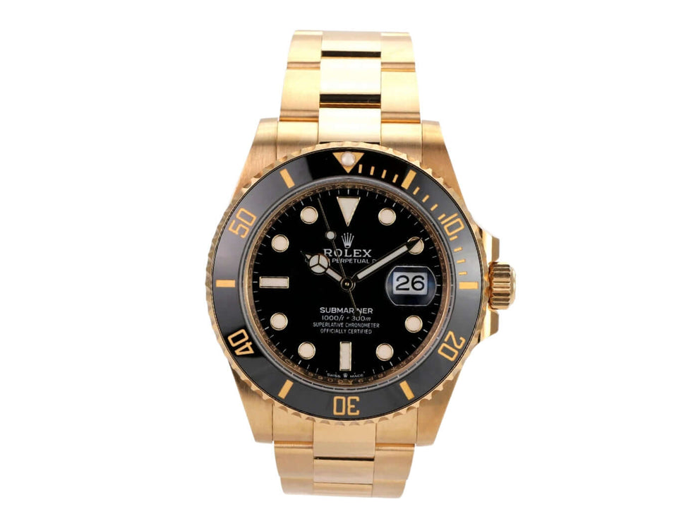 Rolex Submariner Date 41 Gelbgold 126618LN mit schwarzem Zifferblatt und 18 Karat Gelbgold Armband.