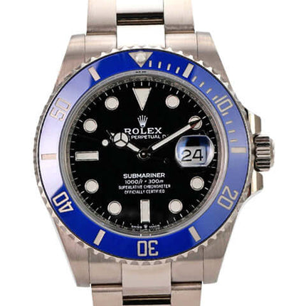 Rolex Submariner Date Weißgold 126619LB mit schwarzem Zifferblatt und blauer Lünette, poliertem Weißgoldarmband.