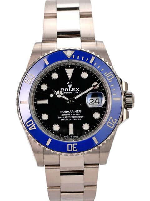Rolex Submariner Date Weißgold 126619LB mit schwarzem Zifferblatt und blauer Lünette, poliertem Weißgoldarmband.