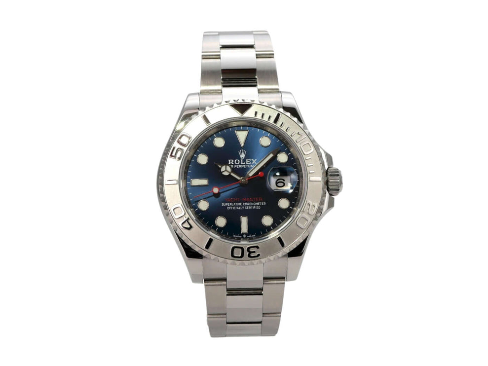 Rolex Yacht-Master 40 Oystersteel Platin 126622 Blau mit blauem Zifferblatt und Edelstahlarmband.