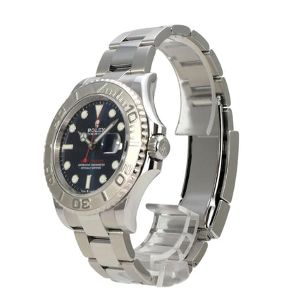 Rolex Yacht-Master 40 Oystersteel Platin 126622 Blau Seitenansicht mit Edelstahlarmband und blauem Zifferblatt.