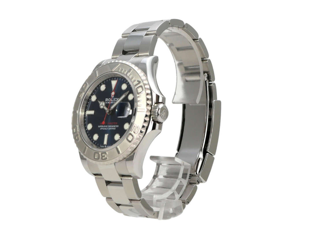 Rolex Yacht-Master 40 Oystersteel Platin 126622 Blau Seitenansicht mit Edelstahlarmband und blauem Zifferblatt.