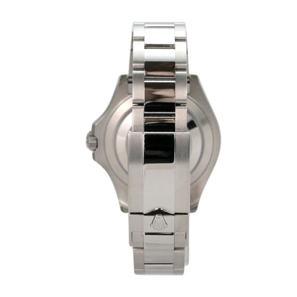 Rolex Yacht-Master 40 Oystersteel Platin 126622 Blau Uhr von der Seite mit poliertem und satiniertem Edelstahlarmband.
