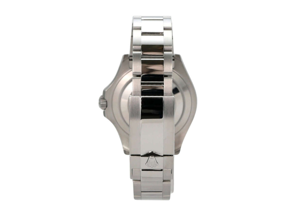Rolex Yacht-Master 40 Oystersteel Platin 126622 Blau Uhr von der Seite mit poliertem und satiniertem Edelstahlarmband.