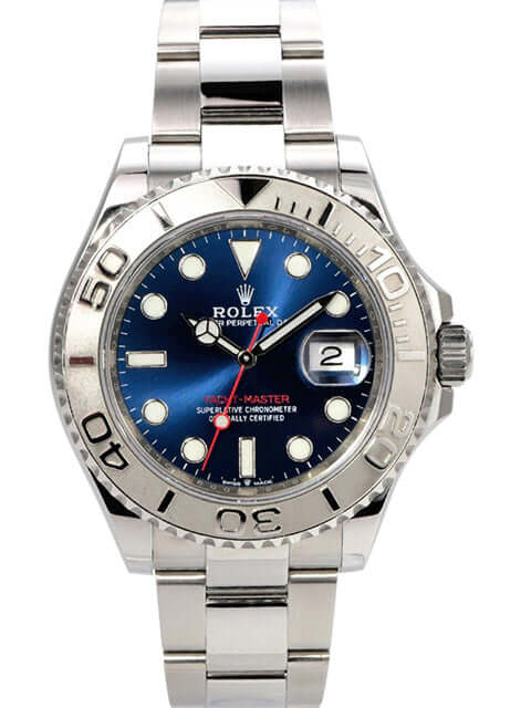 Rolex Yacht-Master 40 Oystersteel Platin 126622 Blau auf Edelstahlarmband mit blauem Zifferblatt und Leuchtindizes.