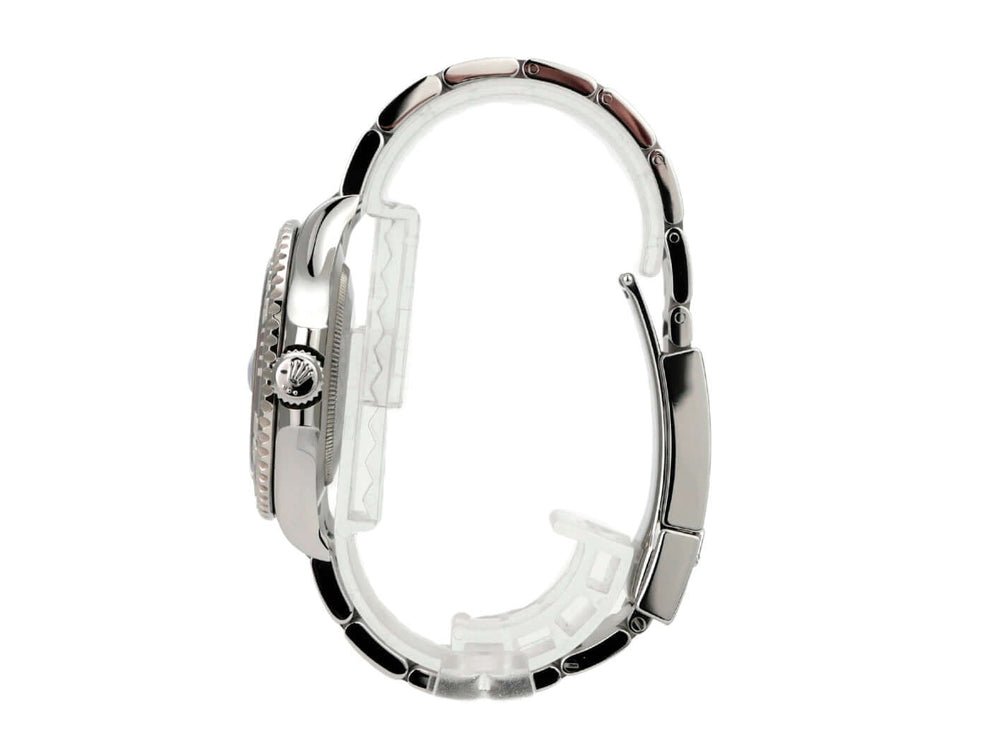 Rolex Yacht-Master 40 Oystersteel Platin 126622 Blau seitliche Ansicht des Gehäuses und Armbands.