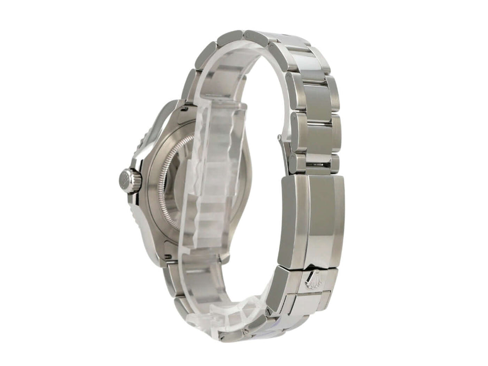 Rolex Yacht-Master 40 Oystersteel Platin 126622 Blau seitliche Ansicht mit Oystersteel-Armband.