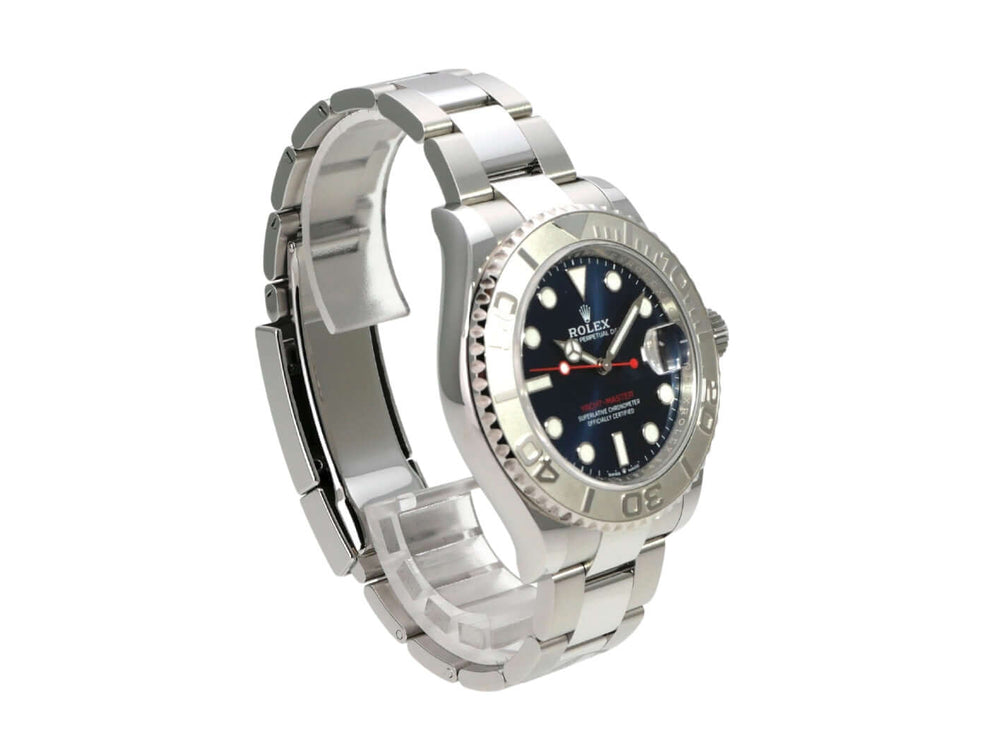 Rolex Yacht-Master 40 Oystersteel Platin 126622 Blau, polierte Oystersteel-Uhr mit blauem Zifferblatt und Platinlünette.