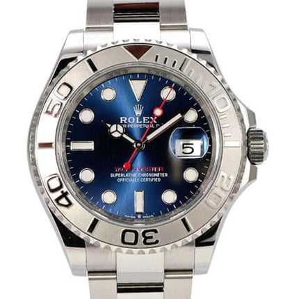 Rolex Yacht-Master 40 Oystersteel Platin 126622 Blau mit blauem Zifferblatt und Oyster-Edelstahlarmband.