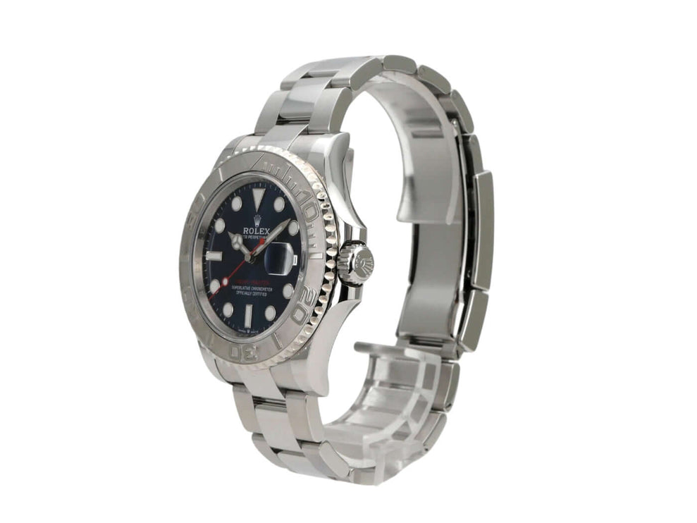 Rolex Yacht-Master 40 Oystersteel Platin 126622 Blau seitlich mit poliertem Oystersteel-Armband und schwarzem Zifferblatt