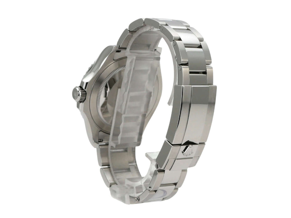 Rolex Yacht-Master 40 Oystersteel Platin 126622 Blau seitliche Ansicht des Armbands und Gehäuses aus Edelstahl.