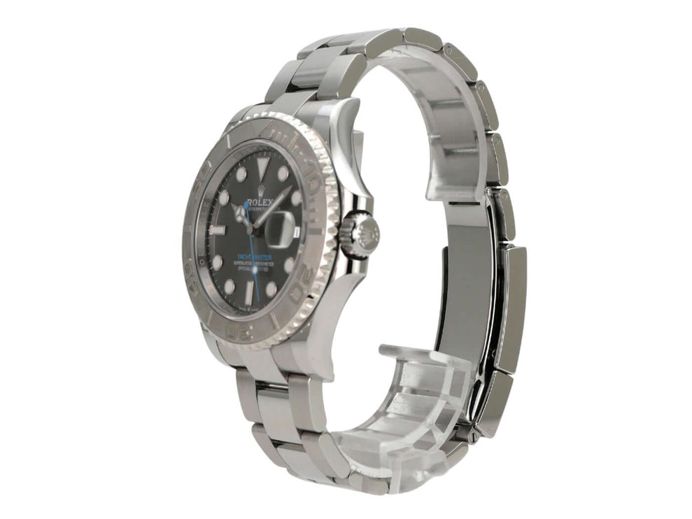Rolex Yacht-Master 40 Oystersteel Platin 126622 Rhodium Seitenansicht der Uhr mit rhodiumfarbenem Zifferblatt und Platinlünette.