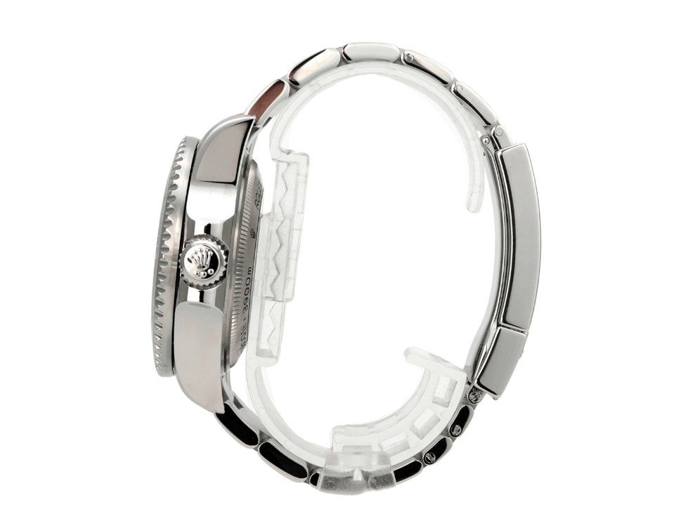 Rolex Sea-Dweller 126660 Deepsea seitliche Ansicht des Gehäuses und Armbands aus Edelstahl.