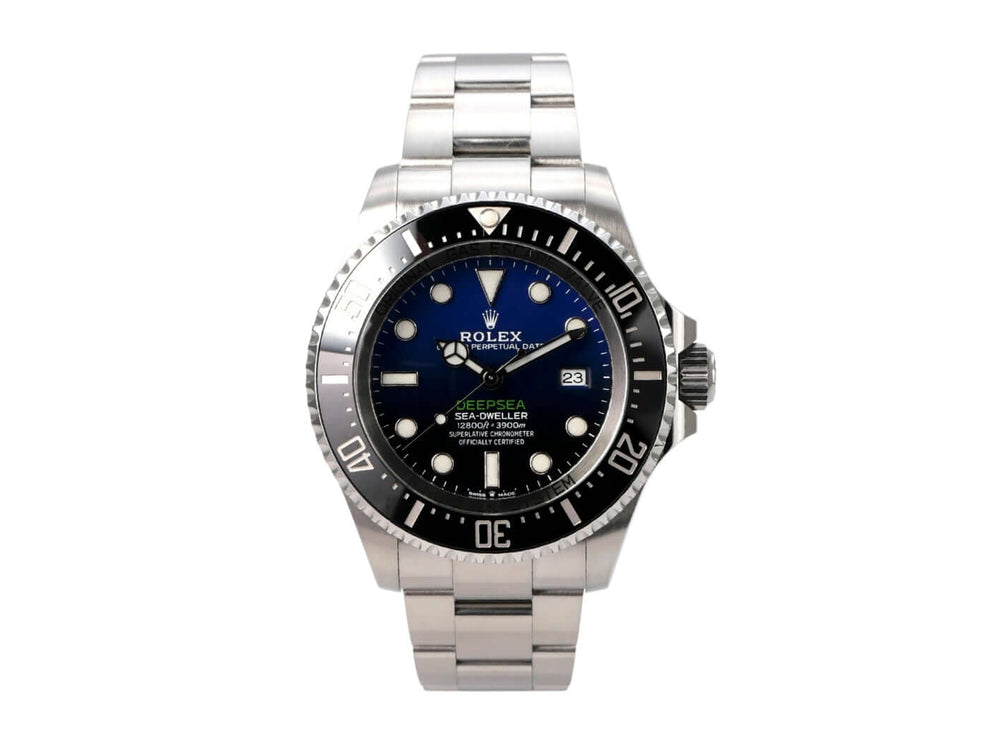 Rolex Sea-Dweller Deepsea 126660 D-Blue auf Edelstahlband mit blauem Zifferblatt und schwarzer Lünette.