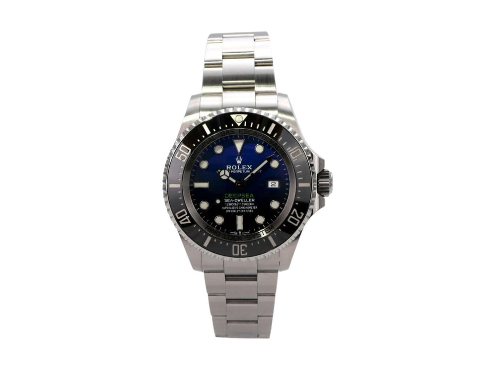 Rolex Sea-Dweller Deepsea 126660 D-Blue mit Edelstahlgehäuse, blau-schwarzem Zifferblatt und Sicherheitsfaltschließe.