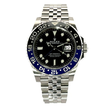 Rolex GMT-Master II Edelstahl 126710BLNR, blau/schwarze Keramik Lünette, schwarzes Zifferblatt, Jubilé-Edelstahlarmband, 2019 Modell