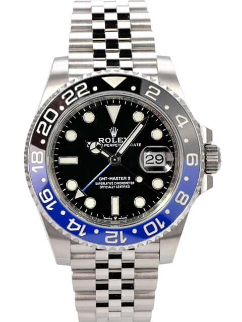 Rolex GMT Master II Edelstahl 126710BLNR mit schwarzem Zifferblatt und blauer Lünette, Jubile-Armband.