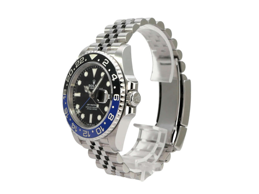 Rolex GMT Master II Edelstahl 126710BLNR mit schwarzem Zifferblatt und Jubile-Edelstahlarmband.