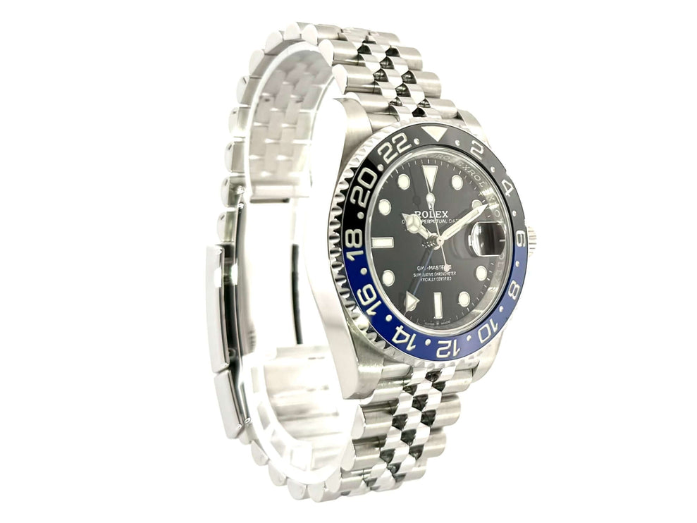 Rolex GMT Master II Edelstahl 126710BLNR mit blau/schwarzer Lünette, Edelstahl Gehäuse, Jubiläumsarmband, schwarzes Zifferblatt, 40 mm Gehäusedurchmesser