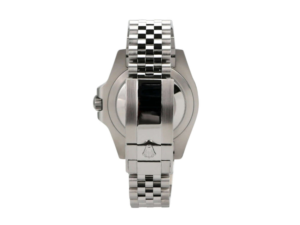 Rolex GMT-Master II Edelstahl 126710BLNR, Gehäuse und Jubile-Armband von hinten, polierte und satinierte Oberfläche.